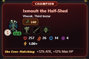 A champion card: Ixmoult the Half-Shed, third instar of Vhessk, with its war kit, stats and epithet