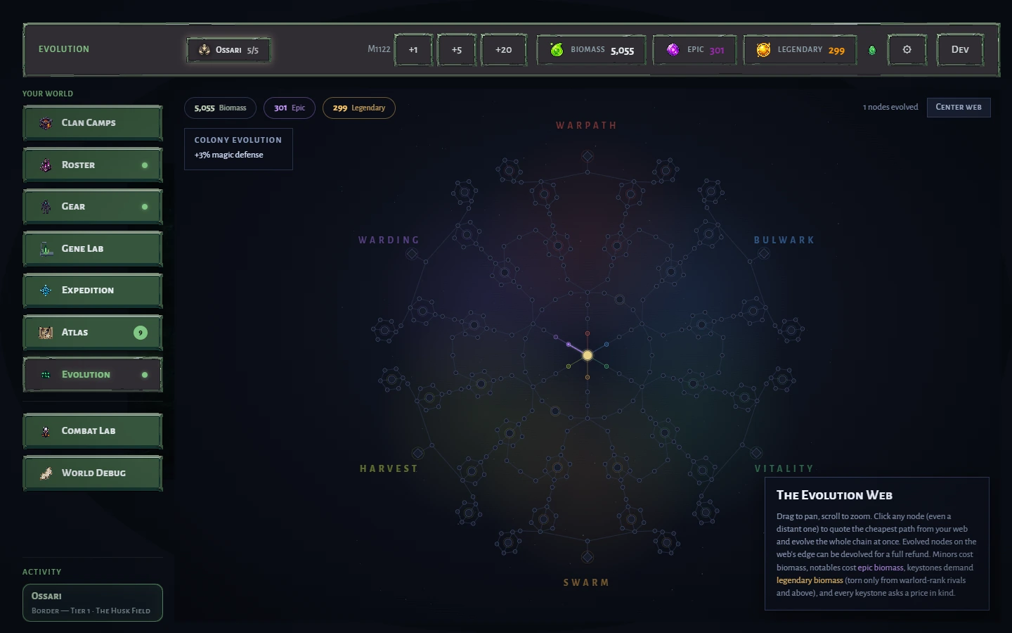 The Evolution Web skill tree, zoomed onto the origin