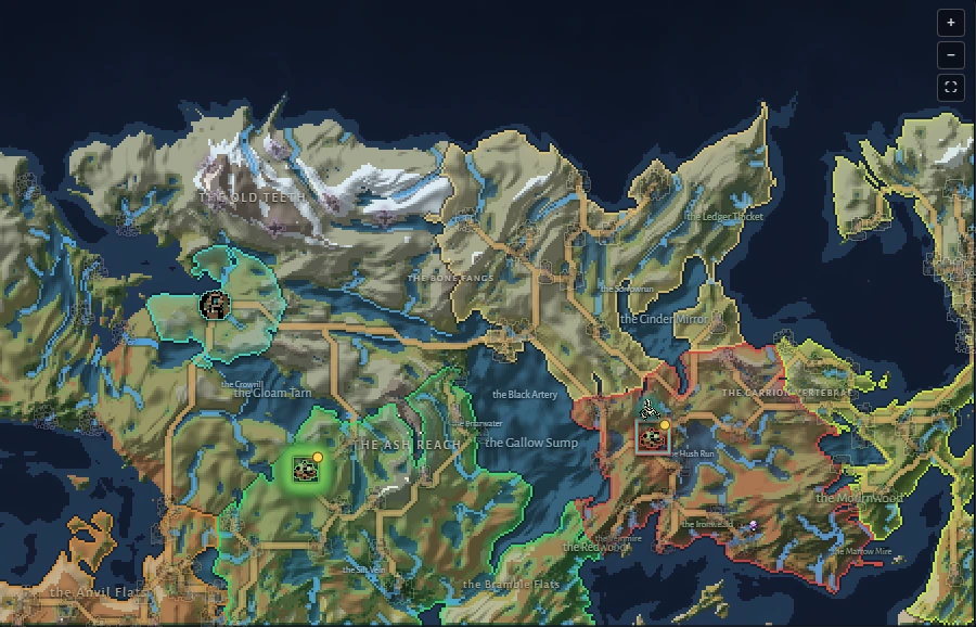 A procedurally generated region map with clan territories, roads and sites